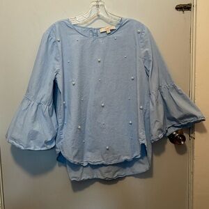 LOFT Women’s Light Blue Faux Pearl 3/4 Bell Sleeve Cotton Top | size Medium